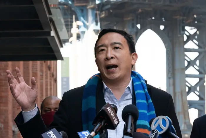 Democratic mayoral candidate Andrew Yang holds a news conference in DUMBO.